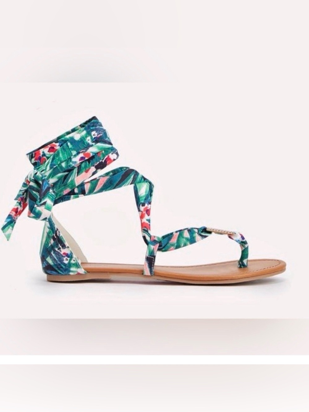 JustFab Lilly Tropical Palm Lace Up Gladiator Sandals Wide Width 8W Green Floral - Picture 3 of 8